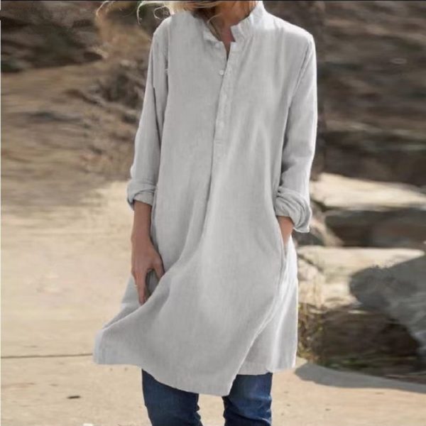 Women Cotton Linen Solid Casual Dress Autumn Long Sleeve Loose Dress Elegant