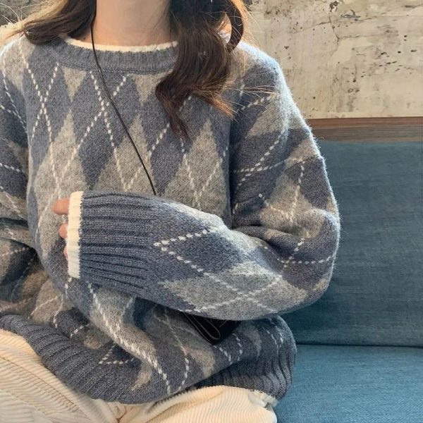 Women Knitted Sweater Fashion Oversized Pullovers Winter Argyle Loose Sweater Korean College