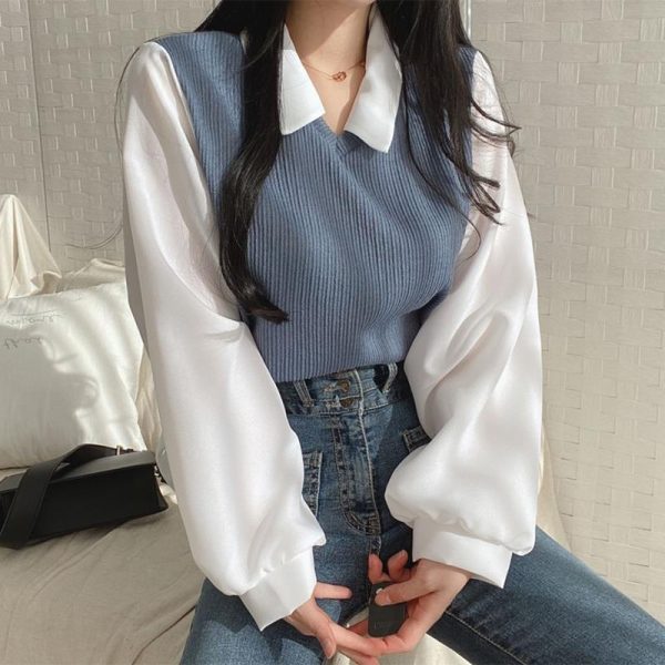 Women's Casual T-Shirts Pullover Loose Top Fake Two Piece Suit Spring Outfits