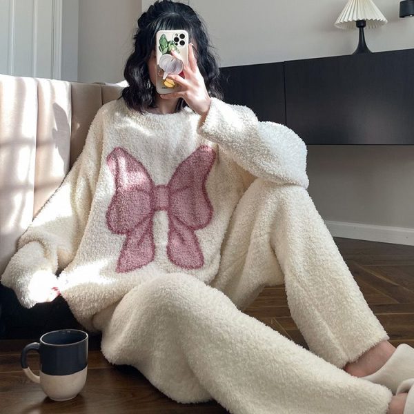 Yasuk-Autumn-Winter-Fashion-Women-s-Casual-Lovely-Bow-Sweet-Girl-Warm-Soft-Sleepwear-Loose-Pajamas