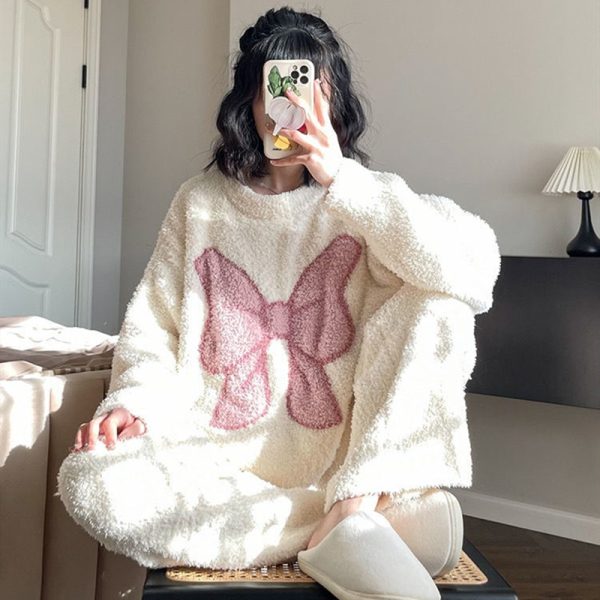 Women's Casual Lovely Bow Sweet Girl Warm Soft Sleepwear Loose Pajamas