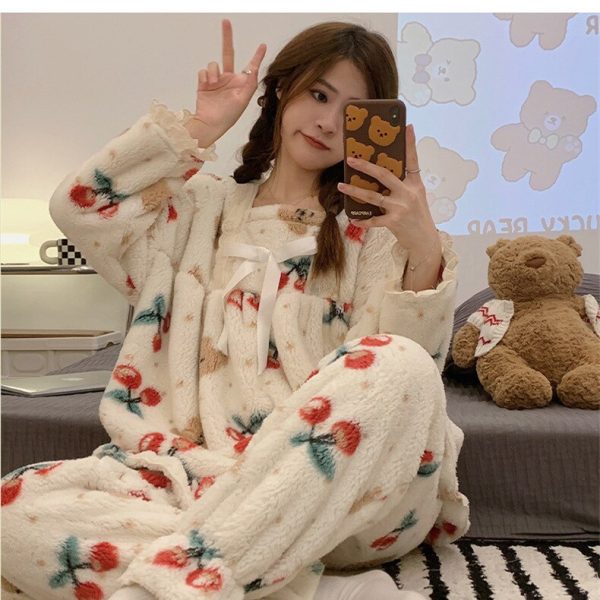 Yasuk-Autumn-Winter-Fashion-Women-s-Casual-Lovely-Print-Cherry-Bear-Lace-Warm-Soft-Sleepwear-Pajamas-1