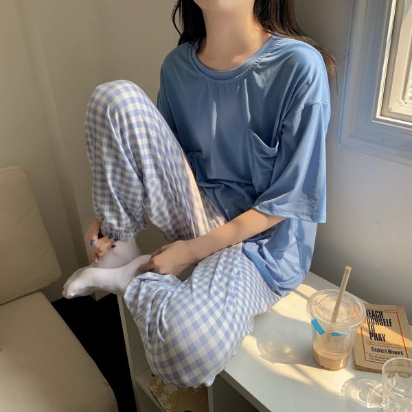 Yasuk-Spring-Summer-Fashion-Women-s-Casual-Lovely-Solid-Plaid-Short-Sleeve-Sleepwear-Soft-Pajamas-With-1