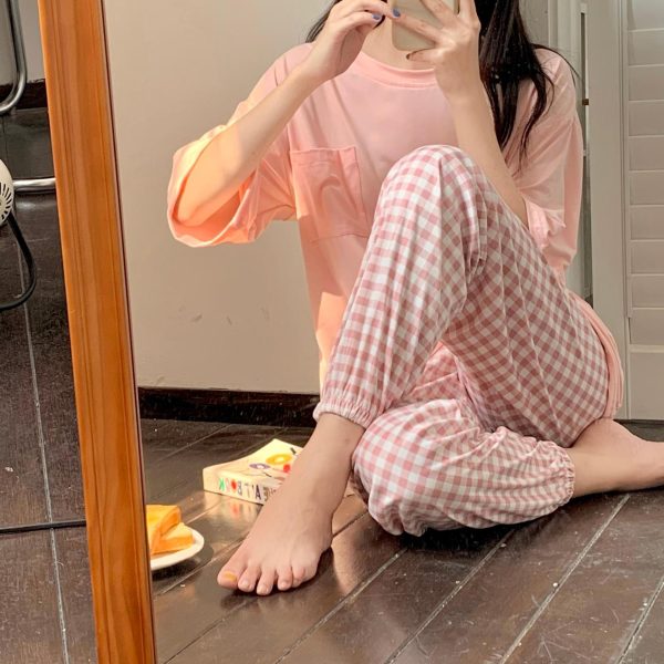 Women Lovely Plaid Sleeve Sleepwear Soft Pajamas 2023 Spring Fashion Outfits