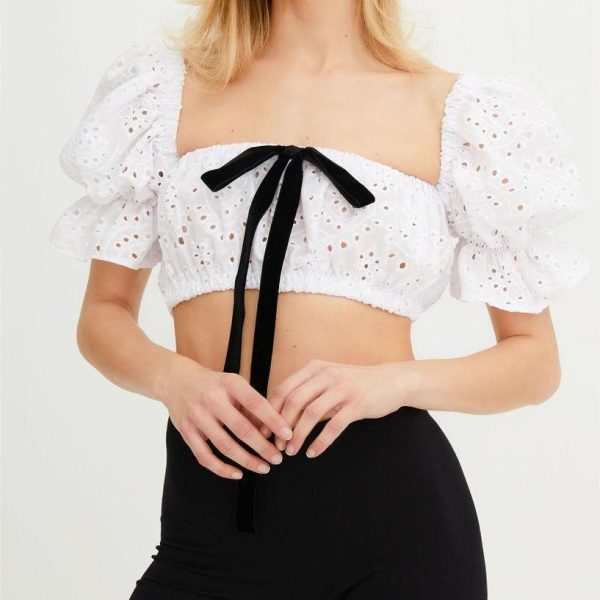 Sexy Crop Lace Lace Jacket Women Summer Bubble Sleeve Square Neck Backless Sweet Pure Desire Shirt