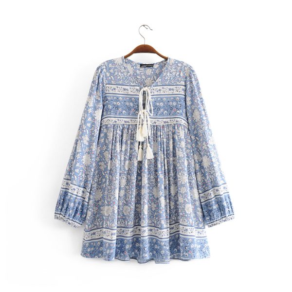 Spring Summer Rayon Long Positioning Printing Blue White Porcelain Dress Women Printed