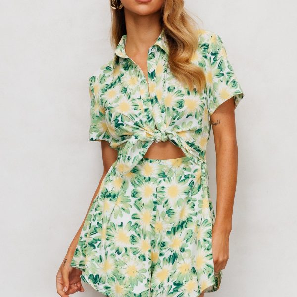 Women Summer Vacation Floral Short Sleeve Tie Rompers