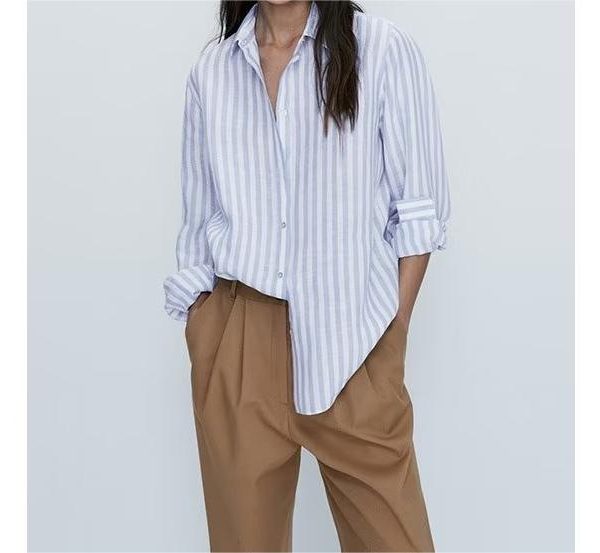 Blue Striped Shirt Women Loose Spring Autumn Korean Long Sleeve Bottoming Shirt Design Blouse