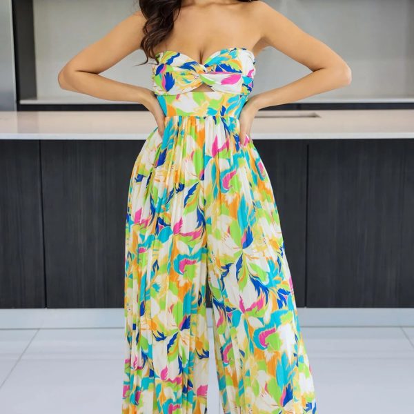 Sleeveless Chest Wrapped Printed Trousers Summer High Waist Pleated Jumpsuit