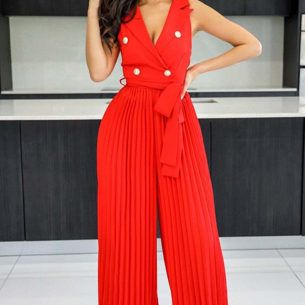 Spring Summer V neck Sleeveless Backless Elegant Street Pleated Wide Leg Jumpsuit