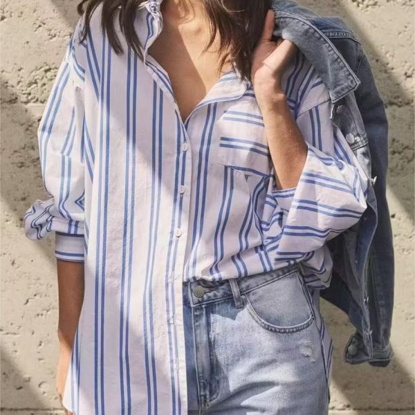 Women Autumn   Blue Striped Simple Collared Long Sleeve Striped Shirt for Women