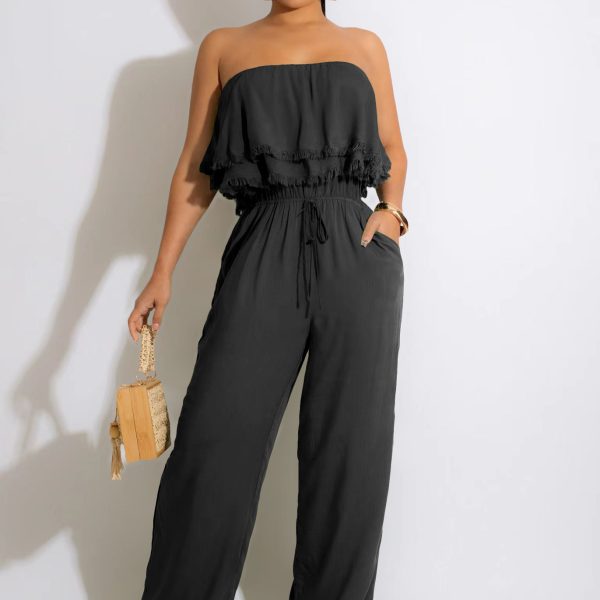 Women Clothing Solid Color Sleeveless Casual Wrapped Chest Ruffled Jumpsuit