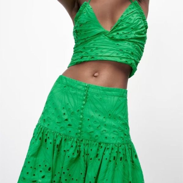 Women Clothing   Embroidered Laminated Decoration Green Skirt