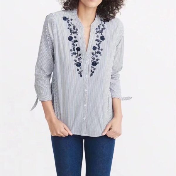 Blue White Striped Long Sleeve Polo Shirt Women  Blouse Floral Embroidery Top