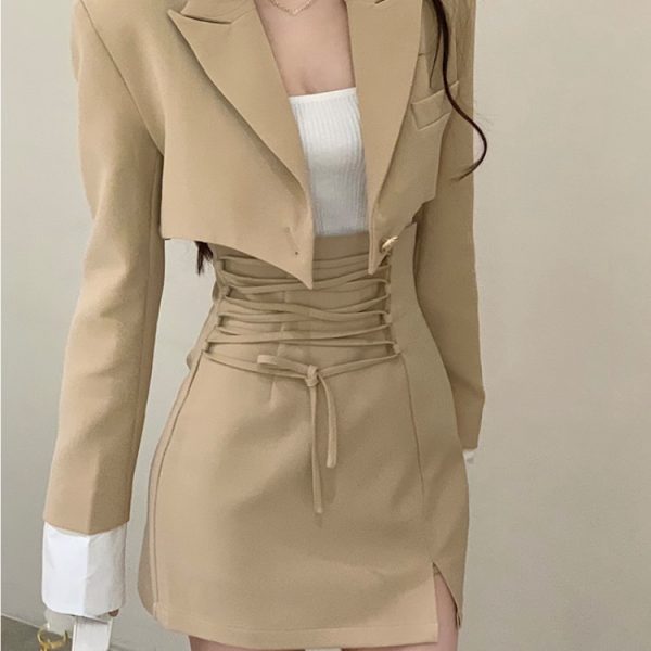 2 Piece Dress Set Women Casual Crop Tops Elegant Jacket Coats + Mini Skirts