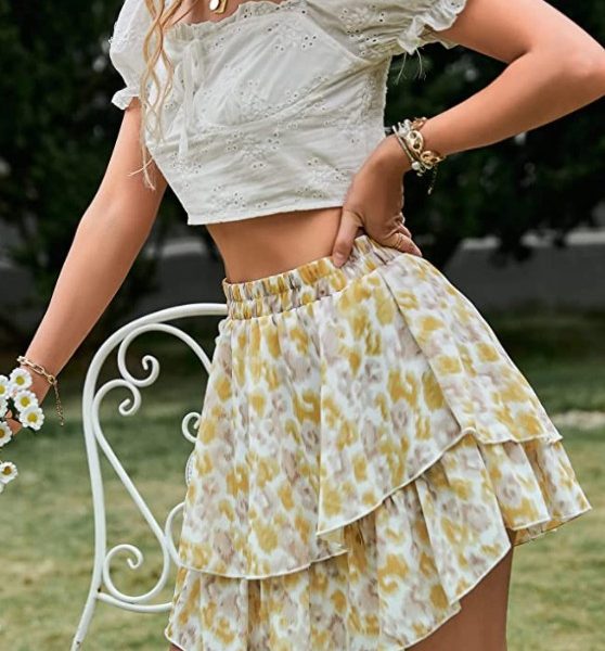 Summer High Waisted Layered Pleated Skirt,U Shaped Floral Print Flowing Bohemian Mini Skirt