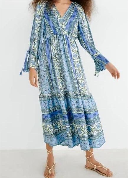 Retro Blue Print Women Slimming Patchwork Print Dress