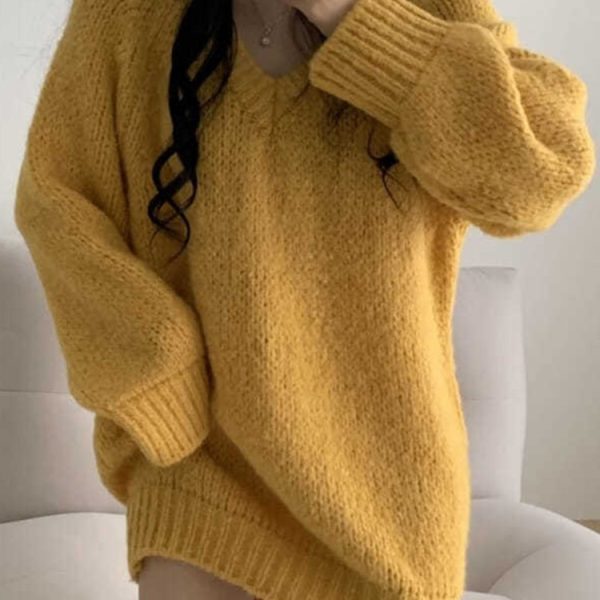 Autumn Winter Knitted Sweaters Women Oversized Simple Loose V-neck Pullovers