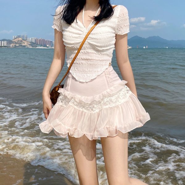 HOUZHOU-Kawaii-Cute-Ruffle-Skirt-Women-Pink-Sweet-High-Waist-Lace-Patchwork-Fairycore-Mesh-A-line-1