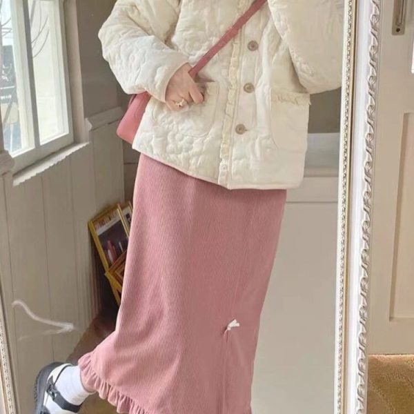 HOUZHOU-Kawaii-Pink-Corduroy-Long-Skirt-Women-Japanese-Fashion-Cute-High-Waist-Split-Bow-Straight-Midi-1