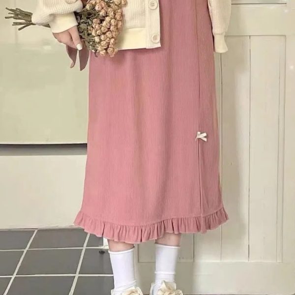 Kawaii Pink Corduroy Long Skirt Women Japanese Fashion Cute High Waist Split Bow Straight Midi Skirt