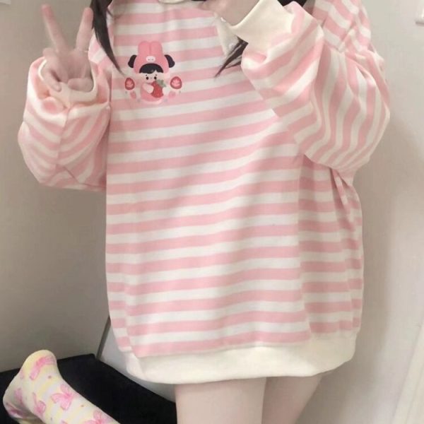 HOUZHOU-Kawaii-Pink-Striped-Sweatshirt-Woman-Japanese-Cute-Cartoon-Print-Autumn-Winter-Polo-Collar-Hoodies-Soft-1