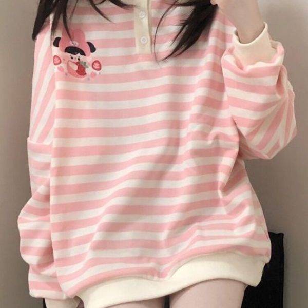 Kawaii Pink Striped Sweatshirt Woman Japanese Cute Cartoon Print