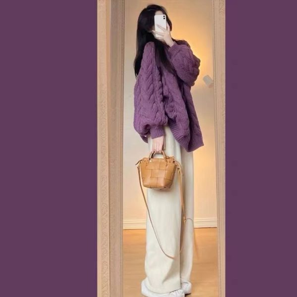 New-Solid-Color-Oversized-Sweater-Fashion-Purple-O-neck-Knitted-Sweater-Women-Korean-Style-Casual-Simple-1