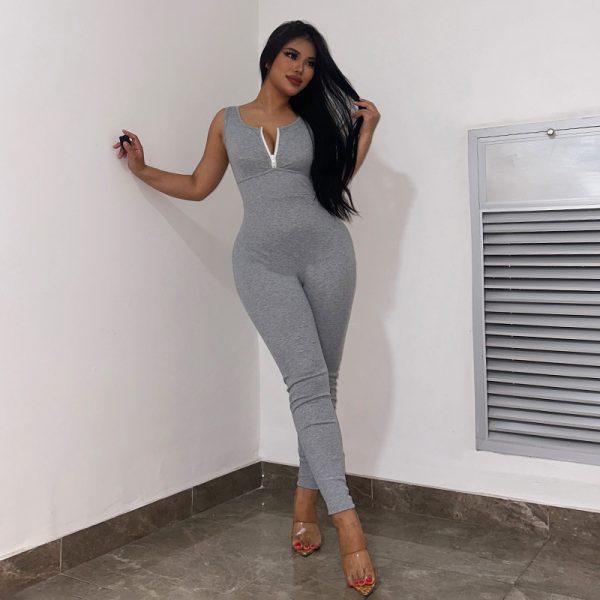 Women Clothing Solid Color Tight Zipper Small V neck Sleeveless Backless Basic Skinny Jumpsuit Trousers