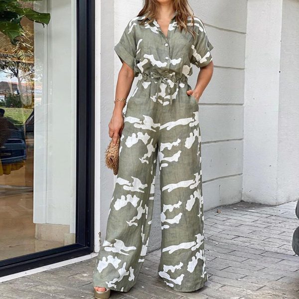 Summer Women Clothing Polo Collar Printed Button Lace up Jumpsuit