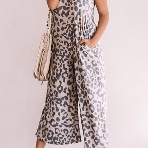 Summer Women Streetwear Leopard Print Sleeveless Loose Women Jumpsuit