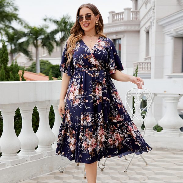 Plus Size Summer V neck Dark Blue Printed Dress