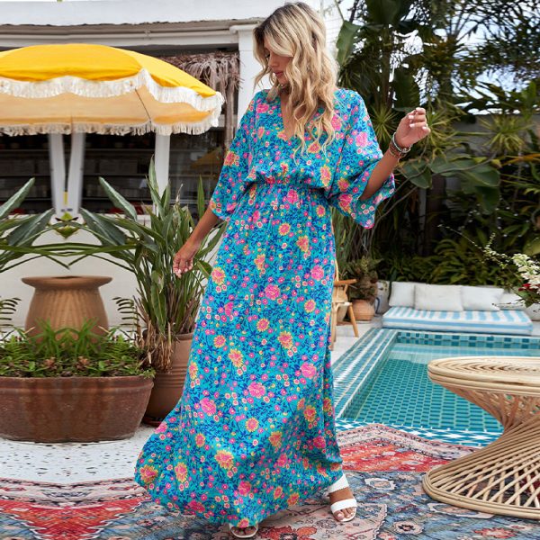 Summer Blue Floral Women Loose Waist Batwing Sleeve Maxi Dress