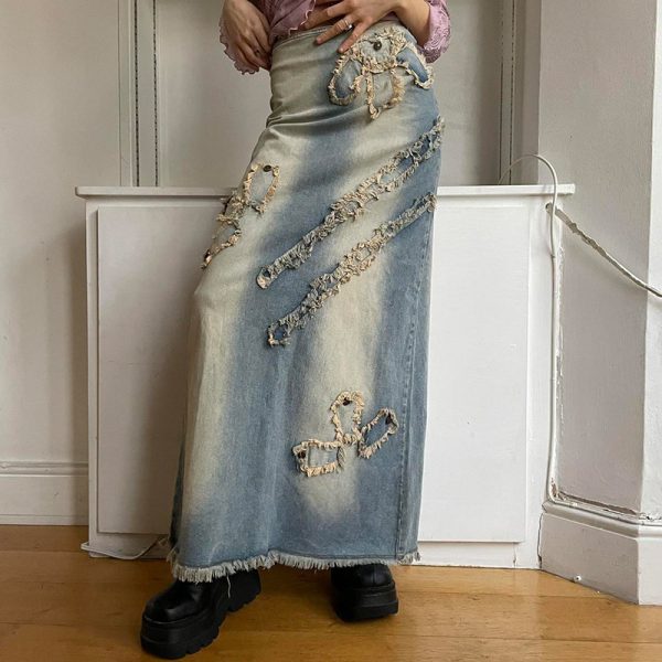 Retro Elegance Asymmetric Burr Patch Distressed Loose Skirt A Line Denim Skirt