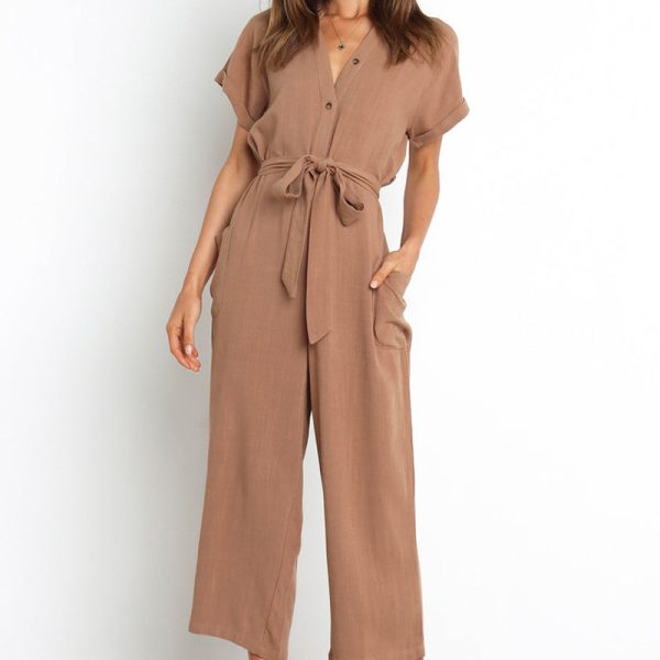 Summer Solid Color Pocket Sexy V Neck Cropped Wide Legged Jumpsuit Women