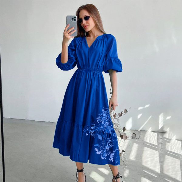 Summer Office Klein Blue Puff Sleeve High Waist A- line Dress Maxi Dress Fashionable Simple Women Dress