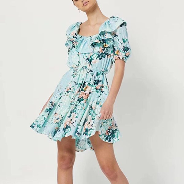 Fresh Blue Vacation Short Autumn Square Collar Ruffled Short Sleeves Waist Slimming Lace up Dress