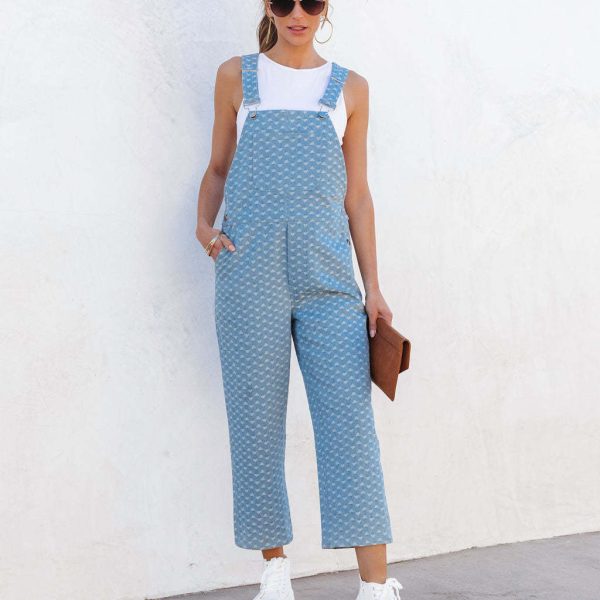 Spring Summer Casual Trendy Women Washed Jacquard Denim Suspender Pants