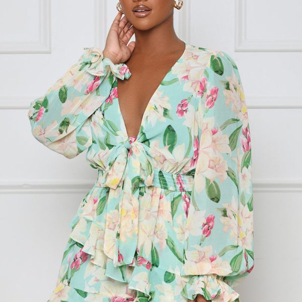 Chiffon Bell Sleeve Fresh Tight Waist Mini Romper