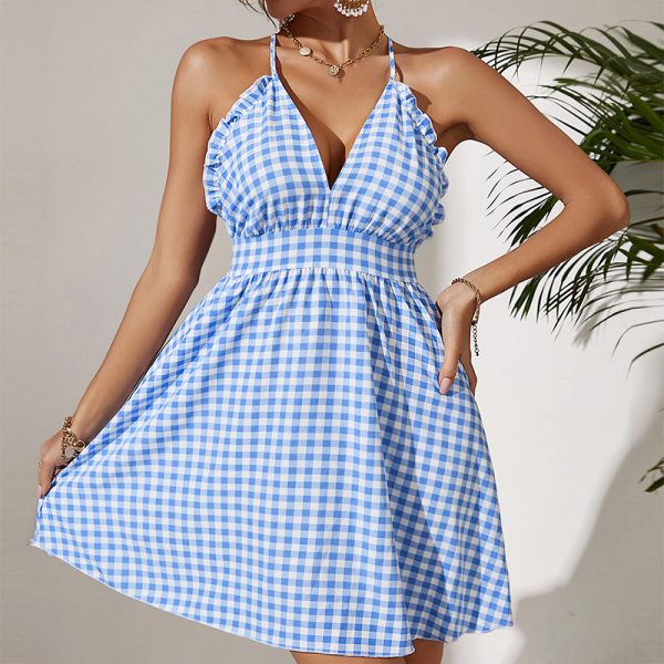 Summer Blue V neck Lace Plaid Cami Dress