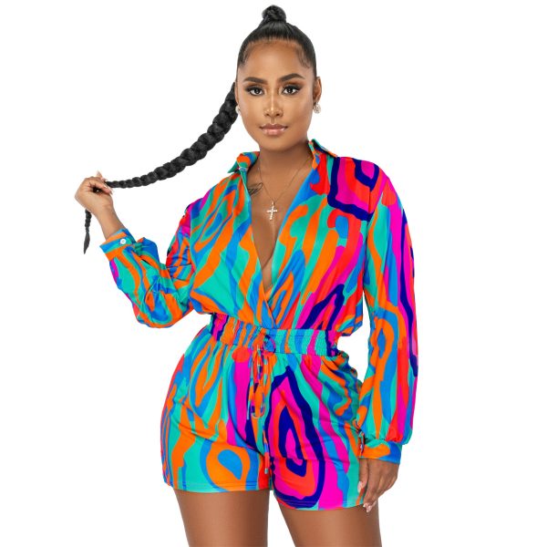 Women Clothing Fall Winter Printed Shirt Collar Casual Jumpsuit