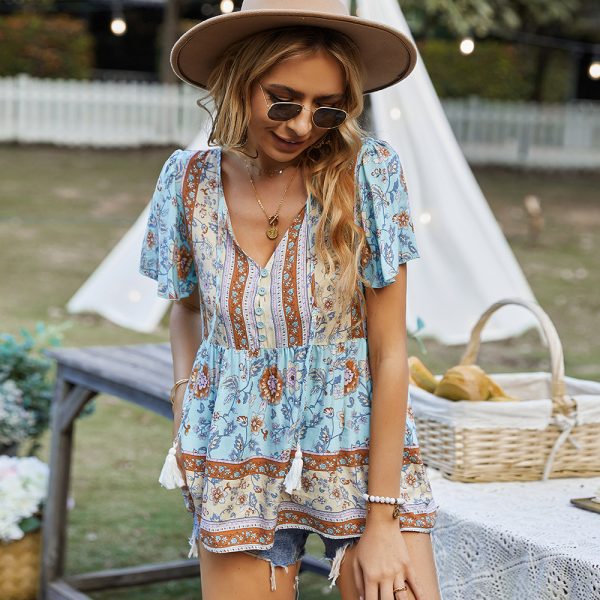 Bohemian Women Wear T-shirt Spring Summer Casual Vacation Babydoll Top