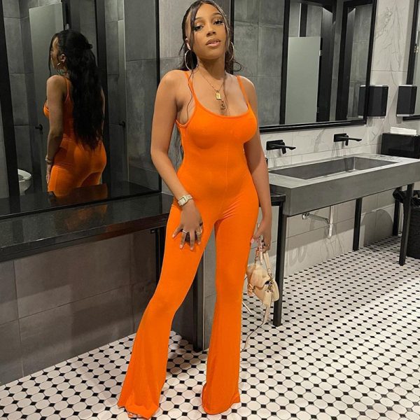 Women Clothing Spring Sexy U Collar Backless Slim Fit Solid Color Sling Jumpsuit