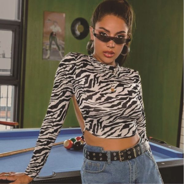 Sexy Leopard Print Long Sleeve T-shirt Women Backless Knotted Short Slim Top