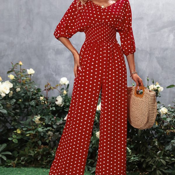 V neck Waist Controlled Slimming Polka Dot Printed Jumpsuit