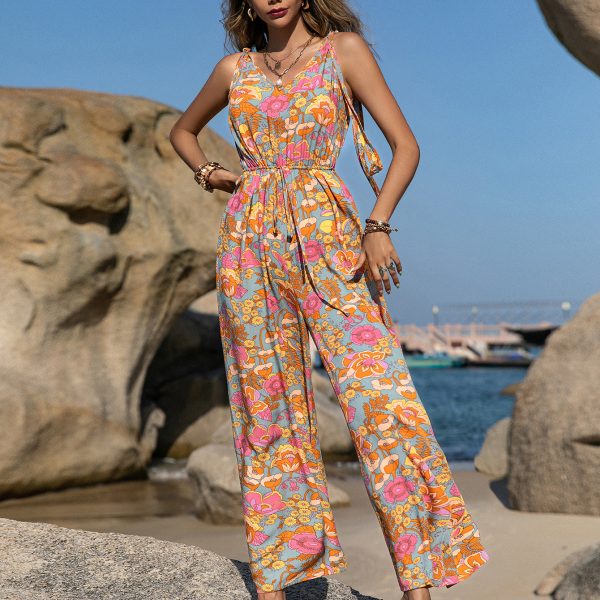 Mixed Bohemian Spaghetti-Strap Floral Print Jumpsuit Backless Jumpsuit