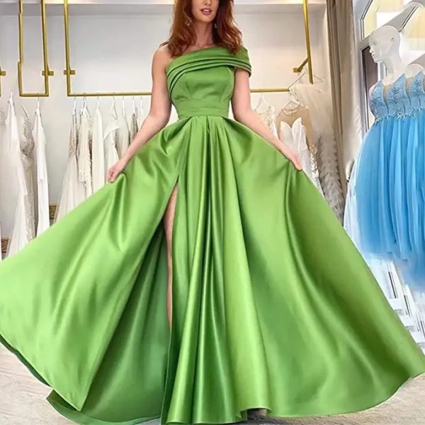 One Shoulder Satin Evening Birthday Cocktail Pettiskirt Green High Slit Sexy