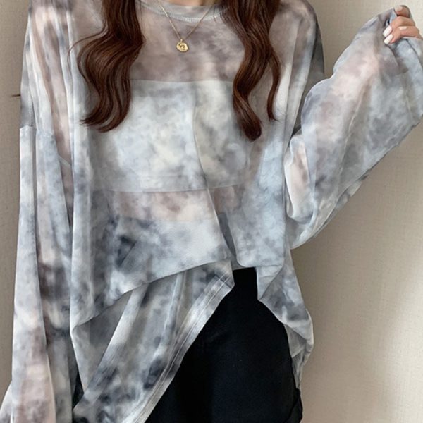 Tie Dye Long Sleeve T-shirts Women Breathable Summer O-neck Design Mesh Sun-proof Loose Tshirts