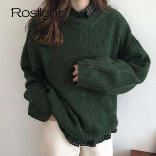 Winter-Pullover-Sweater-Women-Knitted-Sweaters-Solid-Dark-Green-Long-Sleeve-Top-Soft-Warm-Pullovers-Jumper