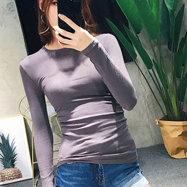 Women Crew Neck Ribbed Long Sleeve Slim Fit T-shirt